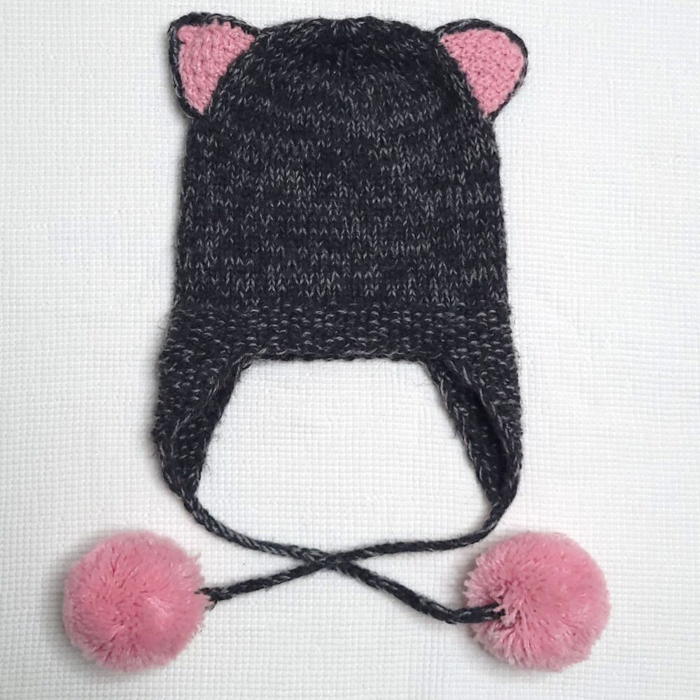 ANDES GIFTS Hand Knit Beanie Girls OS Gray Pink 17% Alpaca Artisan Pompoms